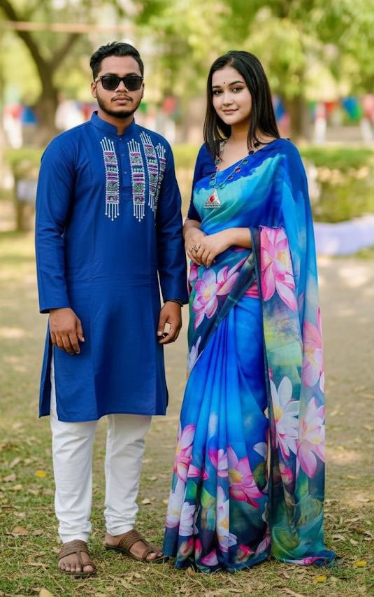 কাপল ড্রেস কালেকশন চান্দুরি সিল্ক শাড়ি ও ধুপিয়ান পাঞ্জাবি